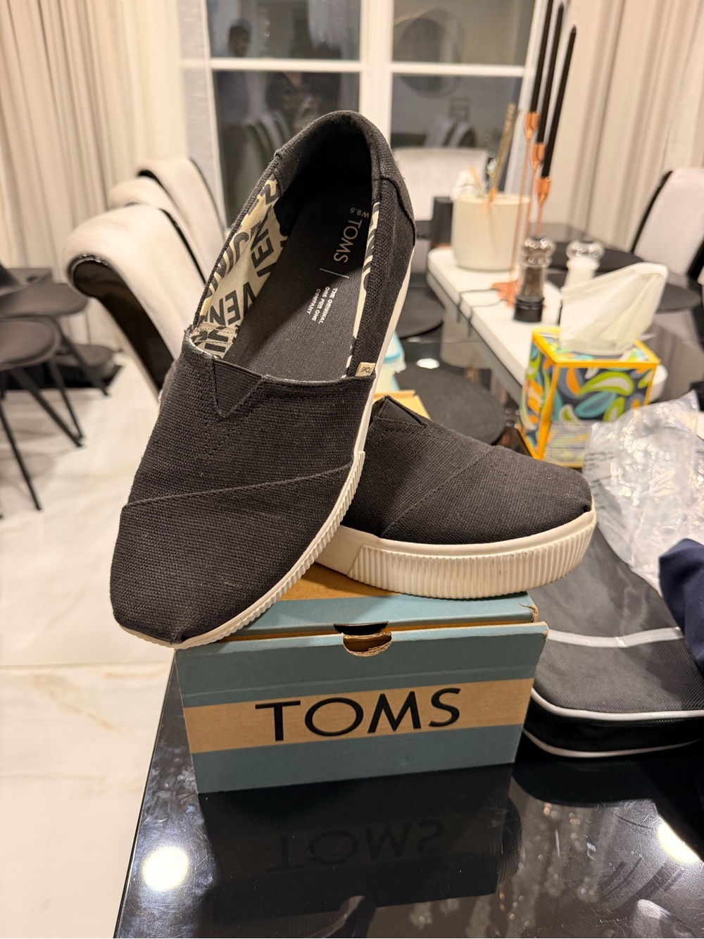 TOMS Alpargata Boardwalk Black Heritage Canvas Platform Slip-Ons - Size 9.5